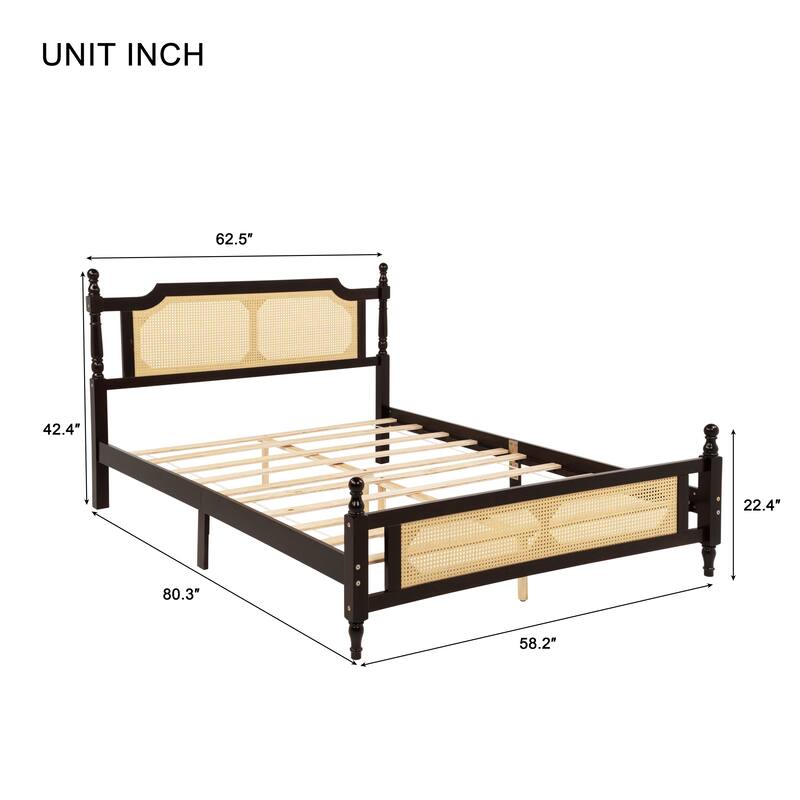 Queen Pine Wooden Bed with Rattan Headboard and Footboard, Central Enhanced Bed Platform, Espresso