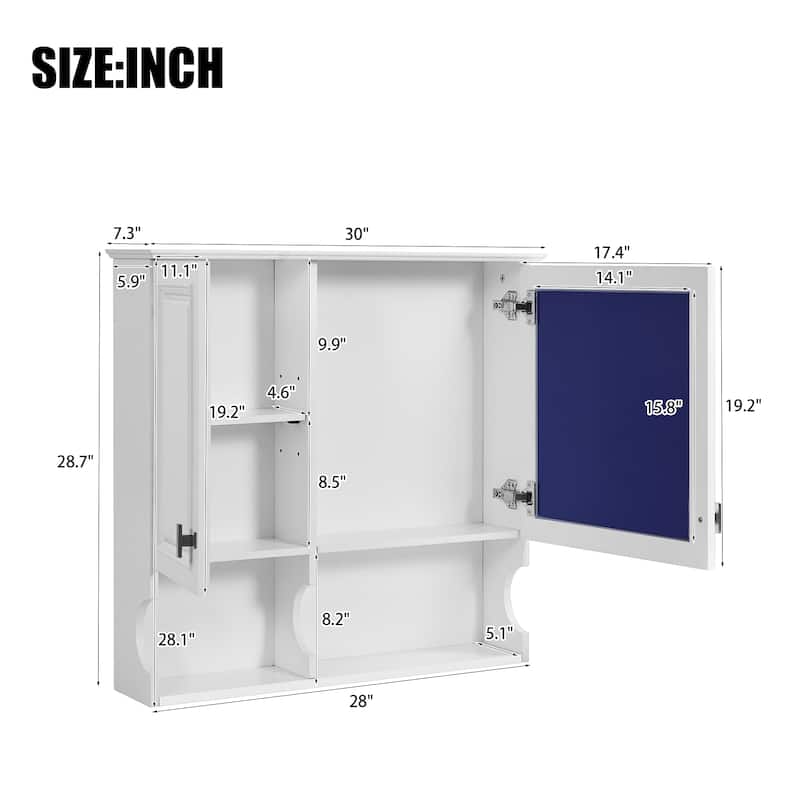 Roomfitters 30" Wall Mounted Bathroom Storage Cabinet with Mirror and Double Doors, Medicine Cabinet with Adjustable Shelves