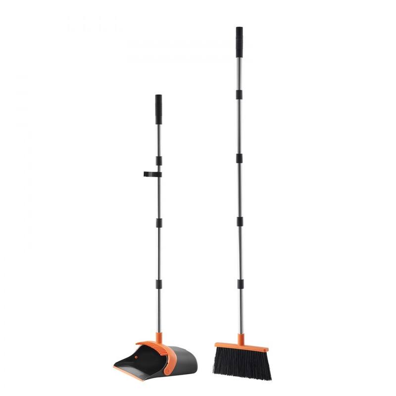 Black and Orange Stainless Steel Broom and Dustpan Set with Self-Cleaning Teeth and Adjustable Handles