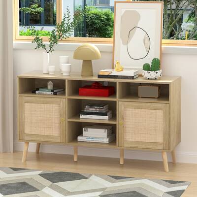 Anmytek 59"W Natural Oak Rattan TV Stand with Open Shelf Console Table TV Stand Entertainment Centers