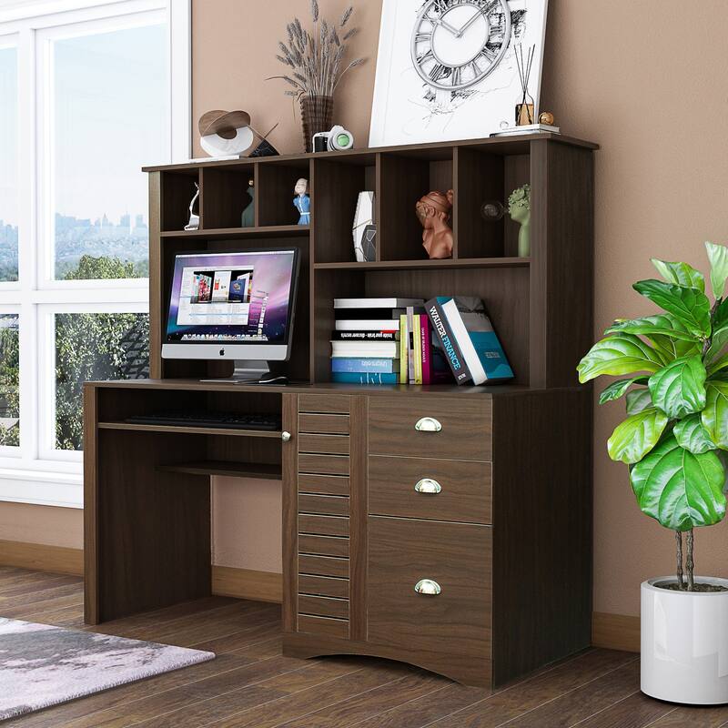 Spacious Home Office Computer Desk with Hutch, 2-Tier Shelf & 3 Drawers