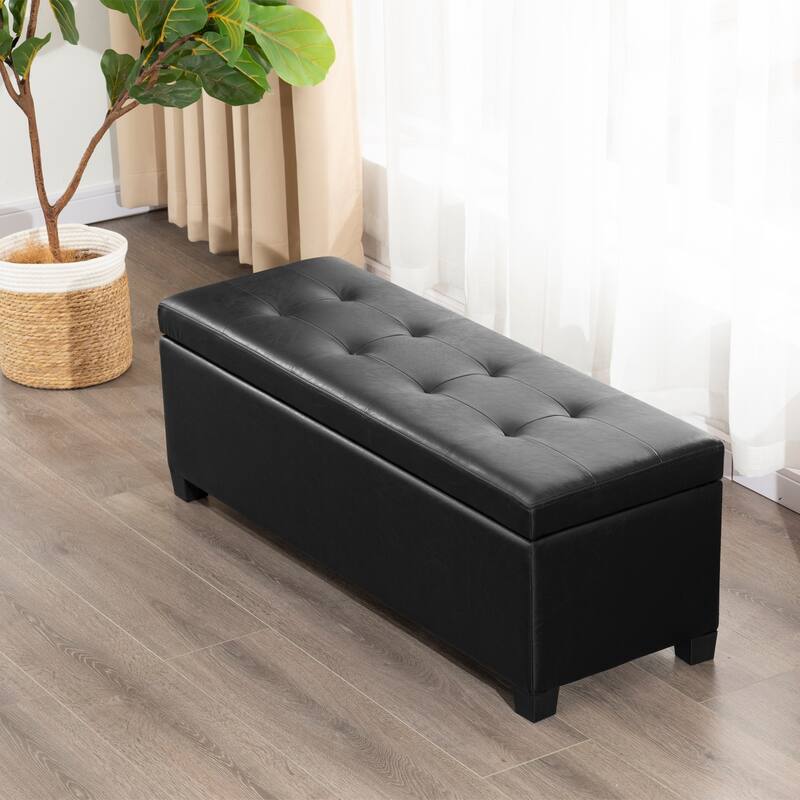 Adeco 42" Faux Leather Storage Ottoman Bench for Bedroom - 42.1"X14.7"X15.4" - Black-Faux-Leather