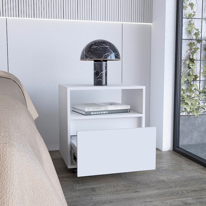 Mobile Nightstand with Casters, One Drawer, Open Shelf, Black Finish, 20.5" Tall