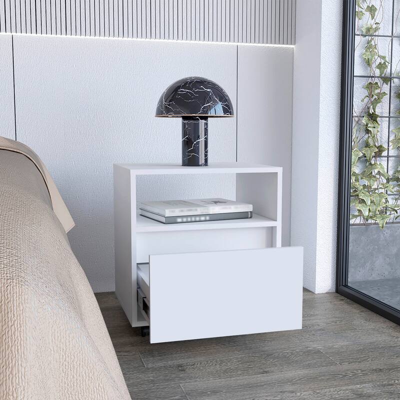 Mobile Nightstand with Drawer, Open Shelf, and Casters in White