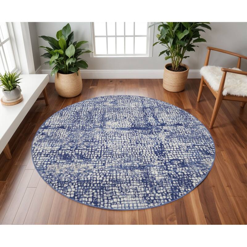 Power Loomed Geometric Abstract Modern Stain Resistant Area Rug - 96' X '96' X '0.39 - 96' X '96' X '0.39 - Oxford Blue - Round