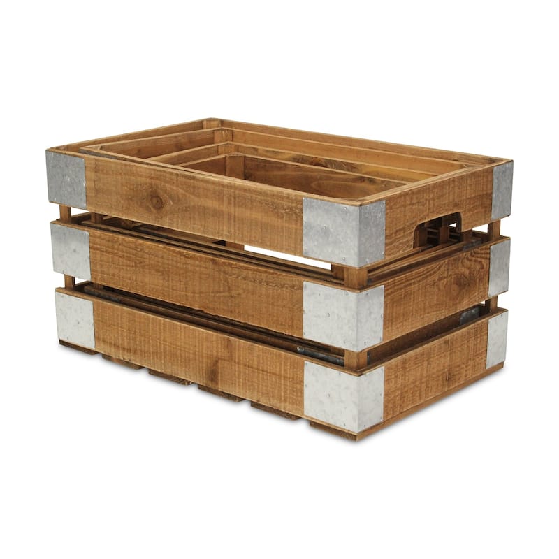 Brown Wood Crate with Metal Accent and Studs (Set of 4)
