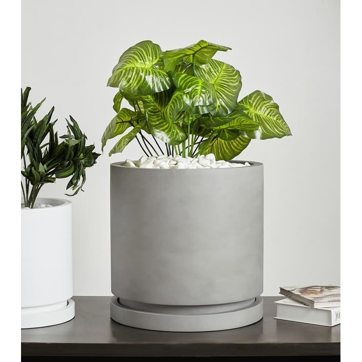 Indoor/Outdoor Large 1-Piece Nordic Minimalist Fiberstone Lightweight Round Planter Pot With Saucer - 15, 11 inch Matte Finish