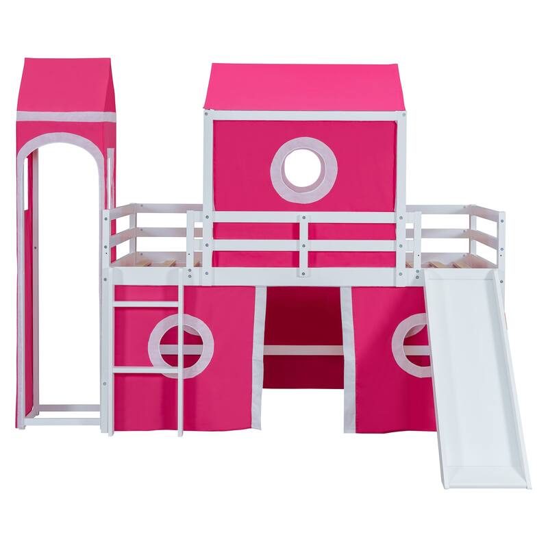 Twin Size Loft House Bed with Slide, Tent, & Tower