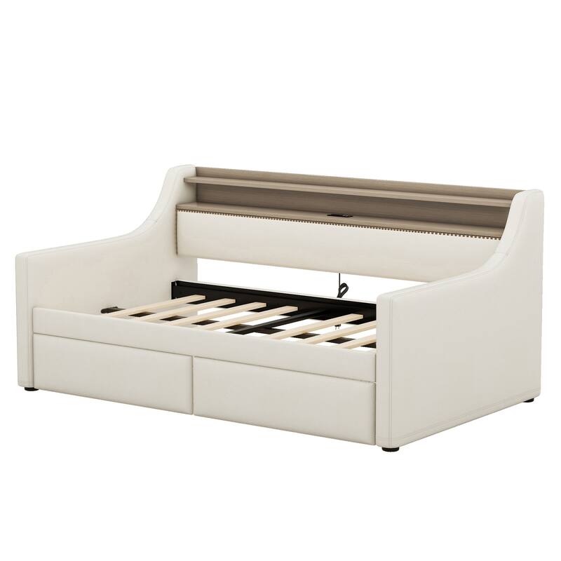 Twin Size Upholstered Daybed with Storage Drawers, Charging Station & LED Lights in Beige