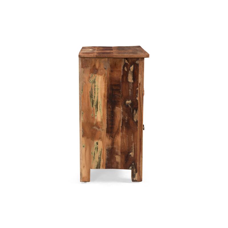 Roomfitters Handcrafted Side Table with Drawer and Cabinet, Recycled Wood with Boho Finish, Natural