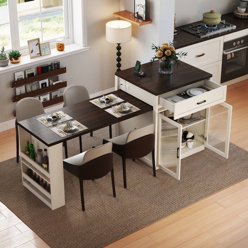 5-in-1 Extendable Kitchen Island with Slide-Out Table, Storage Racks, Tempered Glass Cabinet and Power Hub for Dining, Prep, Bar - Creamy White Walnut