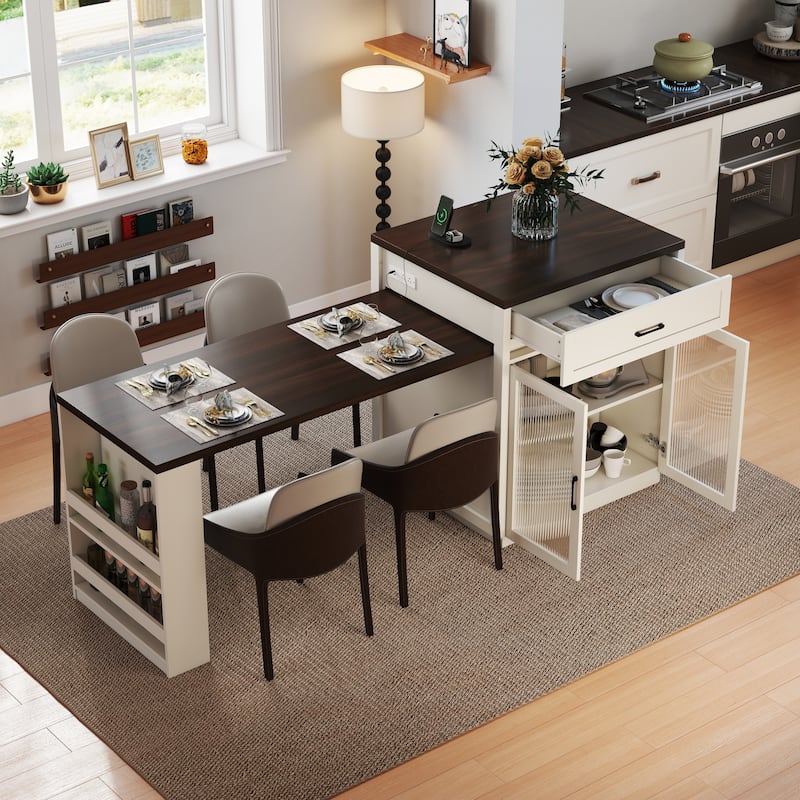 83.1"Extendable Kitchen Island with Slide Out Table and Storage Racks,Kitchen Island with Tempered Glass Doors,Power Outlet - Creamy White+Walnut