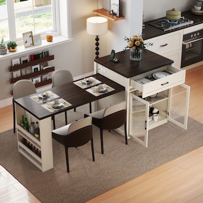 83.1"Extendable Kitchen Island with Slide Out Table and Storage Racks,Kitchen Island with Tempered Glass Doors,Power Outlet