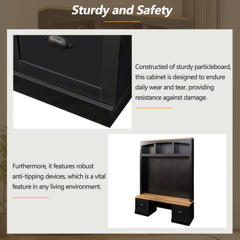 Farmhouse 4-in-1 Hall Tree with Wood Grain Bench and Top, Multifunctional Coat Rack with Black Hooks, Adjustable Shelves
