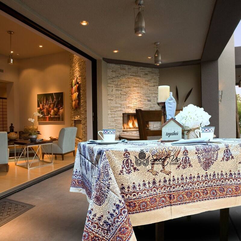 Peacock Paradise Paisley Floral Hand Block Print Cotton Tablecloth - 86 x 102 in.