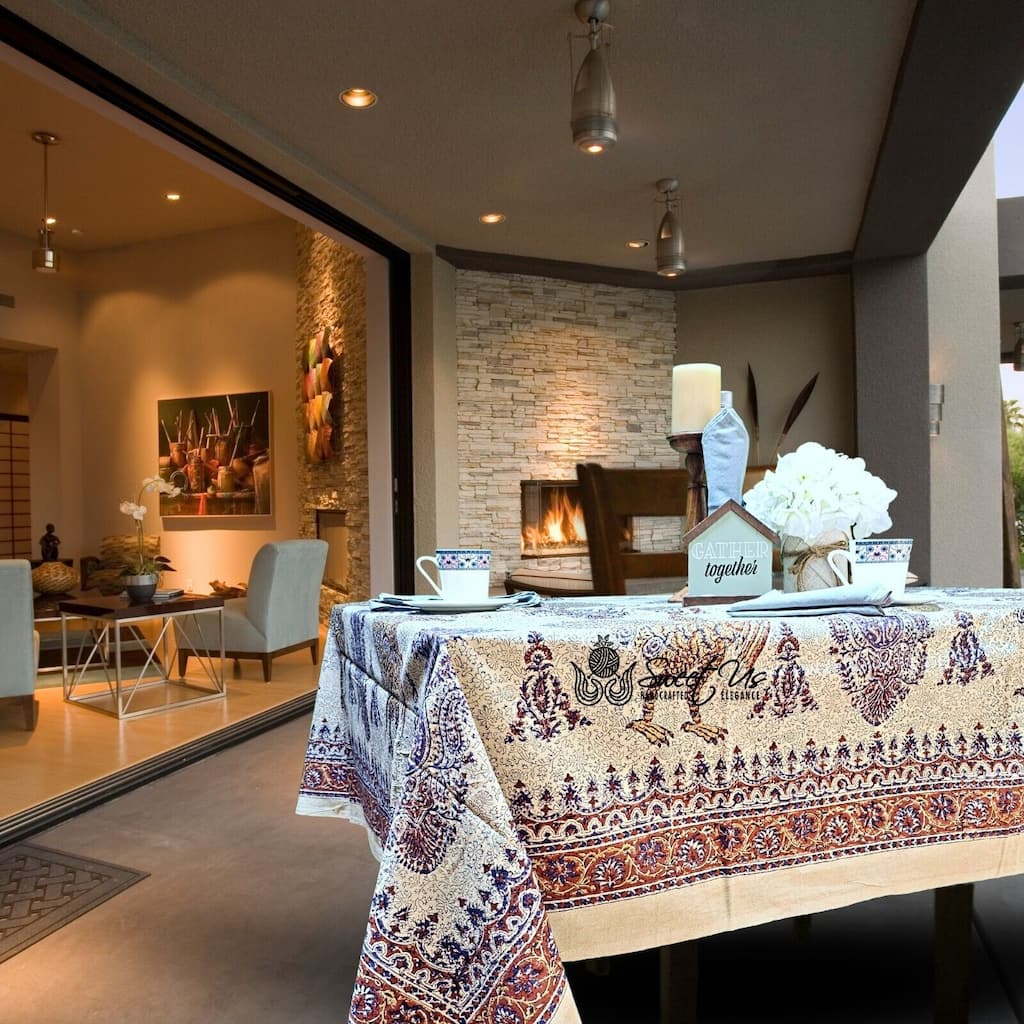 Peacock Paradise Paisley Floral Hand Block Print Cotton Tablecloth - 86 x 102 in.