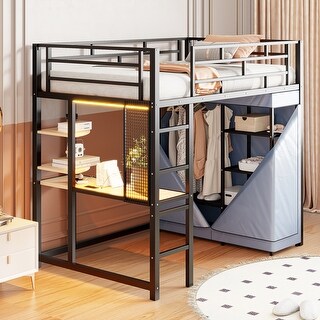 Twin/Full Size Loft Bed with Wardrobe and Bulit-in Desk, Metal Loft Bedframe with LED Light, Storage Shelves and Power Outlet