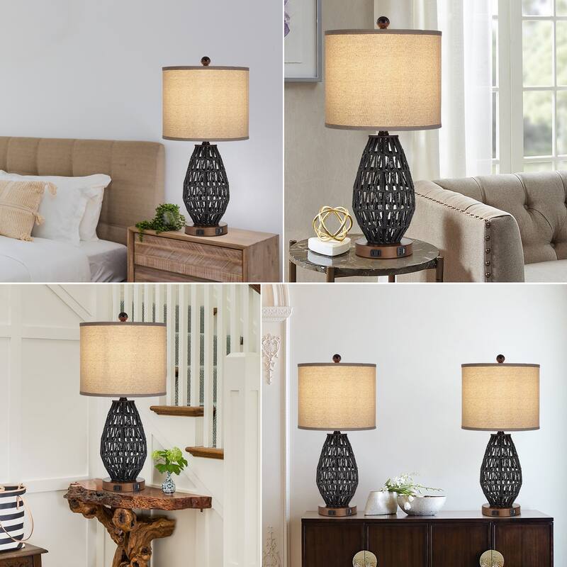 Cinkeda Table Lamp Black Rattan 3-Way Touch Dimmer USB Port(Set of 2) - 11'' x 11'' x 22.8'' (L x W x H)
