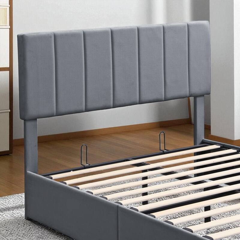 Full/Queen Upholstered Platform Bed with Hydraulic Lift Storage, Linen Headboard and Slats