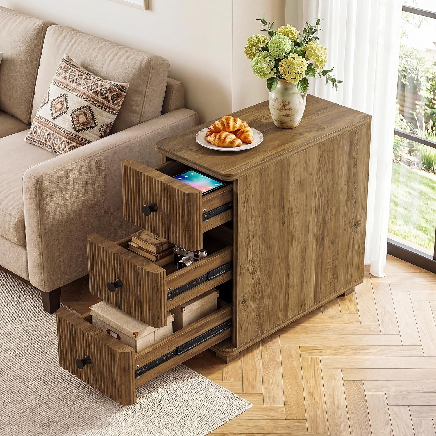 23.6-Inch Nightstand with 3 Drawers, Fluted Narrow End Table