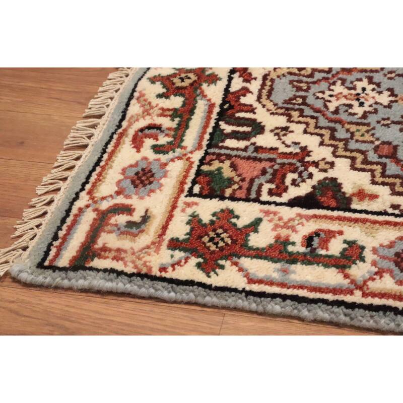 Hand Knotted Oriental 100% Wool Carpet Traditional Medallion Navy Blue & Blues Heriz (serapi) Area Rug - 3' 0'' X 2' 0''