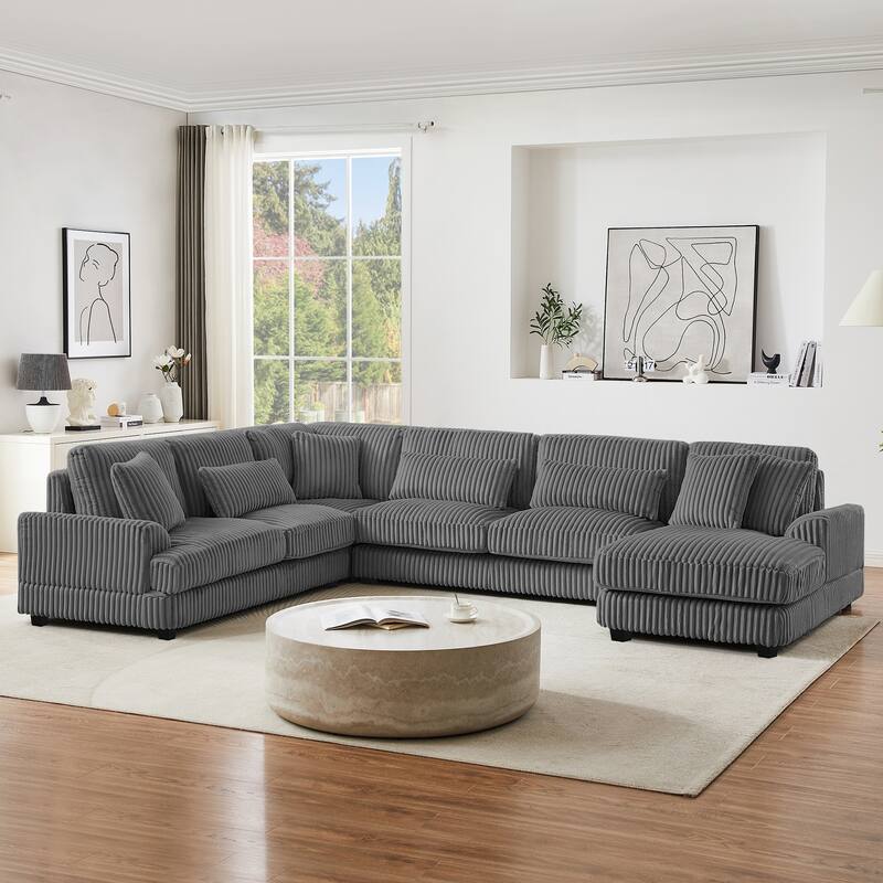 U-Shaped Sectional Sofa with Chaise Lounge, Oversized Corduroy Upholstered Sofa, 5 Seater Sofa with Removable Throw Pillows