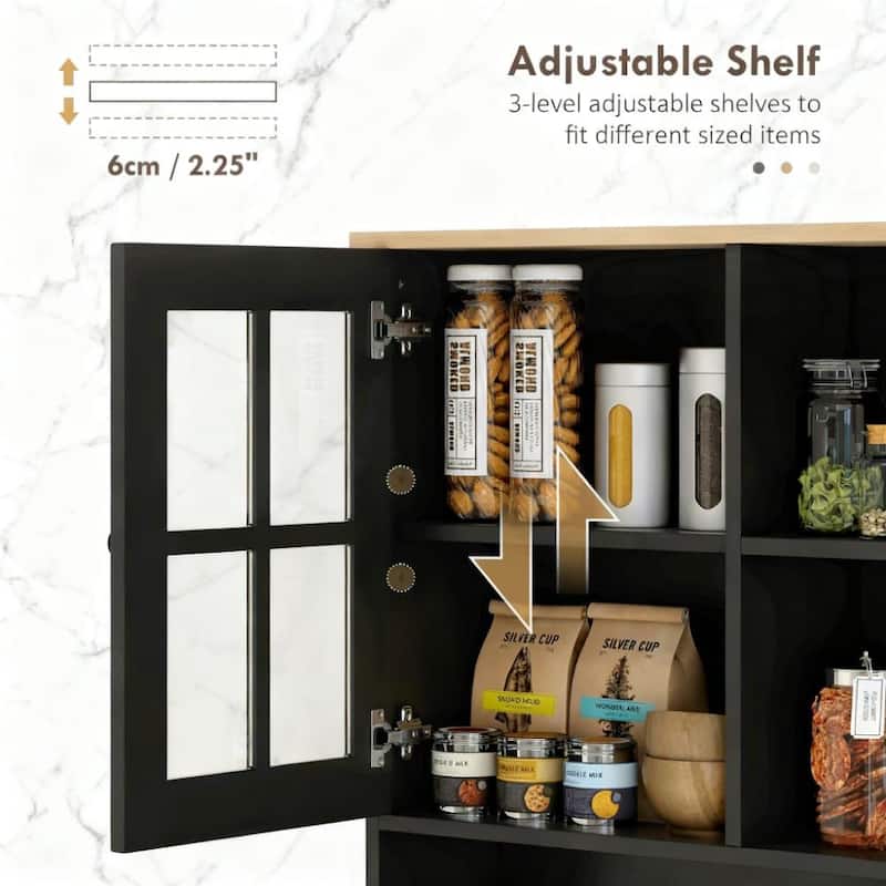 Wood Pantry Storage Cabinet, Freestanding Buffet Cabinet with Glass Doors and Adjustable Shelves, Kitchen Hutch with Doors