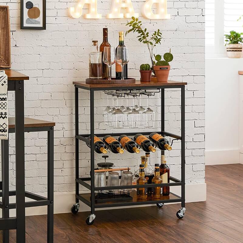 Industrial Bar Serving Cart with Casters, Glass Holders, Wine Holders