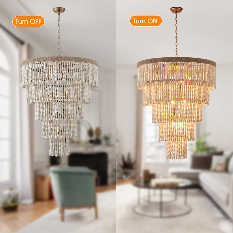 Bohemian Tiered Wood Beads Shade 9-Light Coastal Chandelier Light