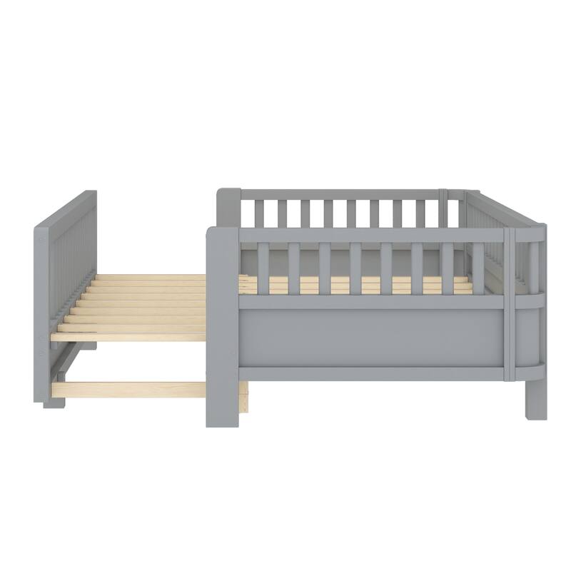 Twin XL Size Platform Bed with Guardrails, Solid Wood Twin XL Bed Frame, Can Be Converted into a Queen Platform Bed