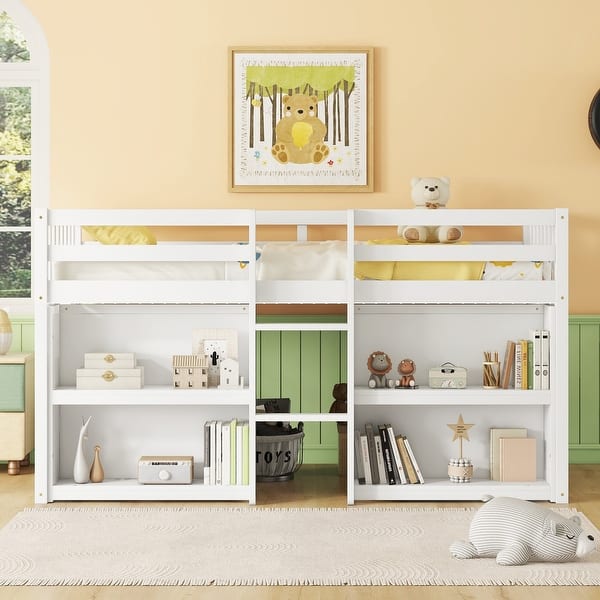 slide 2 of 9, White Twin Size Wood Low Loft Bed with Two-Tier Shelves and LED White