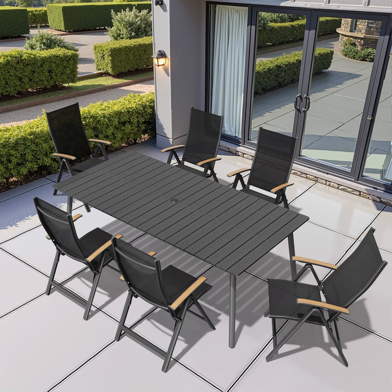 7/9-Piece Outdoor Rectangle Aluminum Dining Table with Umbrella Hole include Folding Chairs - 82.7in-BlackTable-7PC