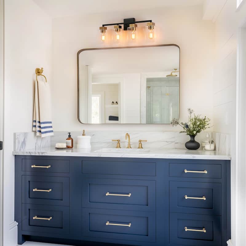 Caylin Mid-Century Modern Black Gold 4-Light Square Bathroom Vanity Lights Dimmable Wall Sconces - 25"L x 5.5"W x 10"H