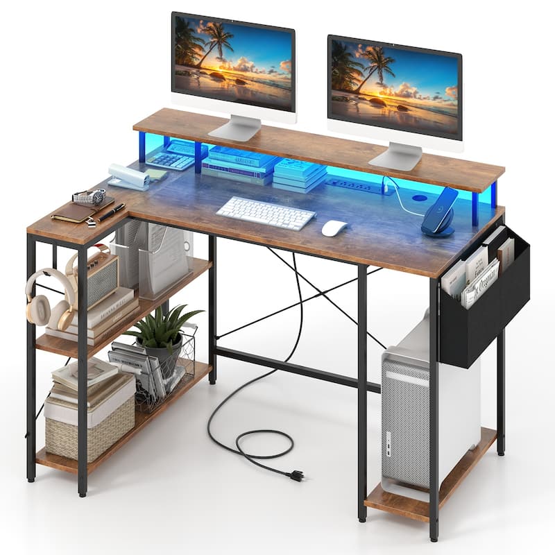 48 Inch L Shaped Computer Desk with LED Lights Gaming Workstation with Monitor Stand Storage