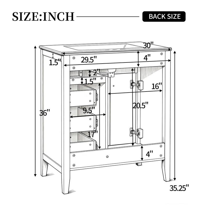 30" White Freestanding Bathroom Vanity with Ceramic Sink and Black Hardware