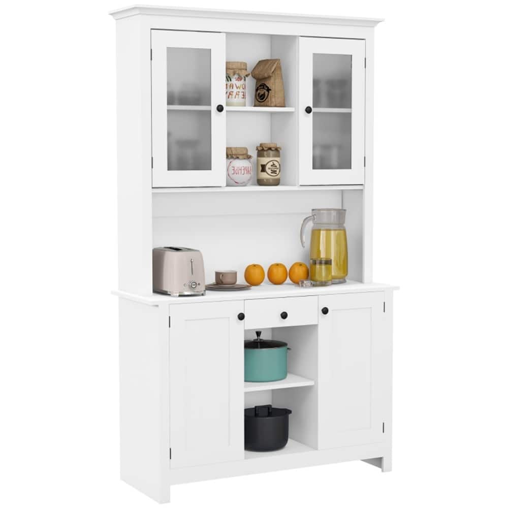 Matte White Buffet Cabinet with Glass Doors and Adjustable Open Shelves for Kitchen or Living Room