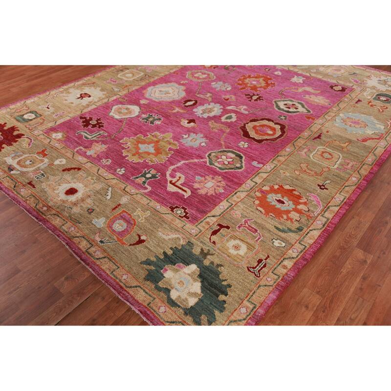 Hand Knotted Oriental 100% Wool Carpet Transitional All-Over Pink Oushak Area Rug - 9' 9'' X 8' 0''