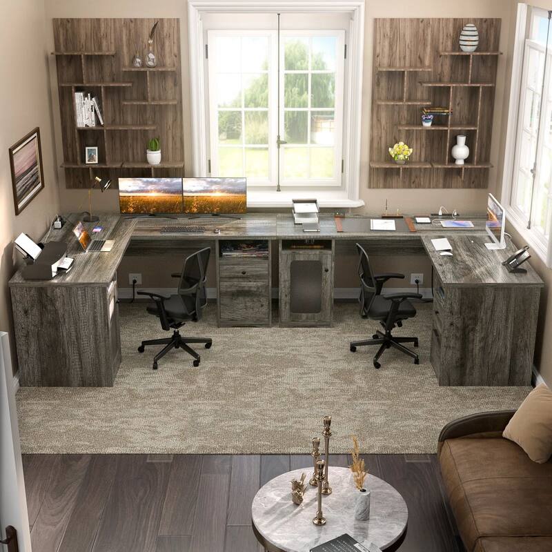 Modern Farmhouse L-Shape Desk with File Cabinet and Drawers, Homer Office Executive Desk with Charge Station