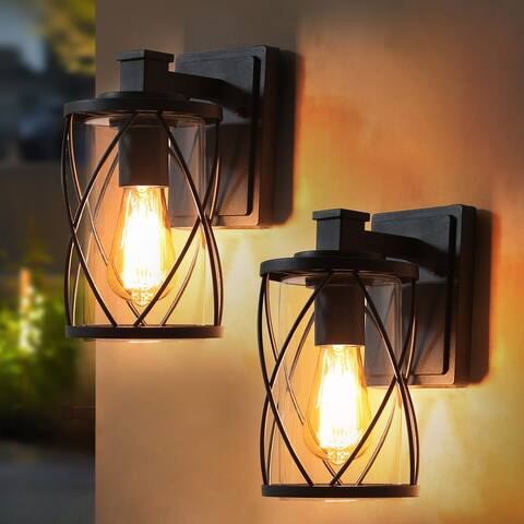 2 Pack Modern Outdoor Wall Lanterns Drum Wall Sconce with Clear Glass Shade Black Dimmable Lights