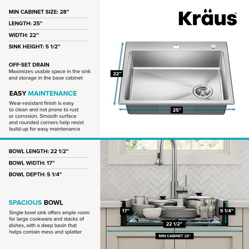 KRAUS Fairlane Drop In Top Mount 18 Gauge Stainless Steel Kitchen Sink