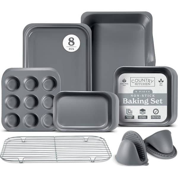 Country Kitchen 8-Piece Bakeware Set, Nonstick Baking Pans & Nesting Baking Sheets, Durable Steel, Grey - Grey