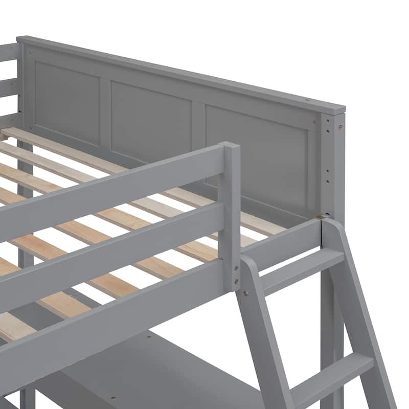 Full Over Full Bunk Bed, Platform Bed with Wheels, Loft Bed with Built-in Desk, Drawers, Ladder and Guardrail for Kids, Teen