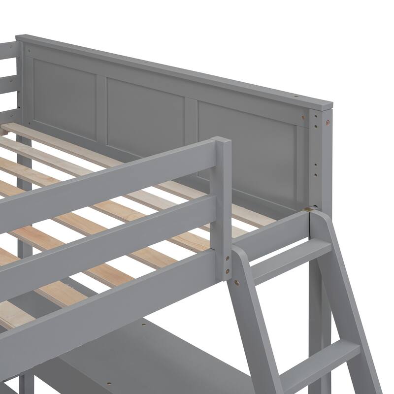 Twin Loft Bed, Full Platform Bed with Wheels, Twin Over Full Bunk Bed with Writing Desk, Ladder, Guardrail and 2 Drawers