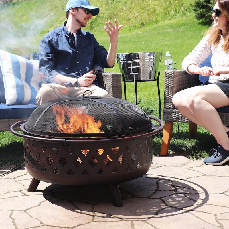 36-in. Bronze-finished Cross-weave Steel Firepit w/ Spark Screen