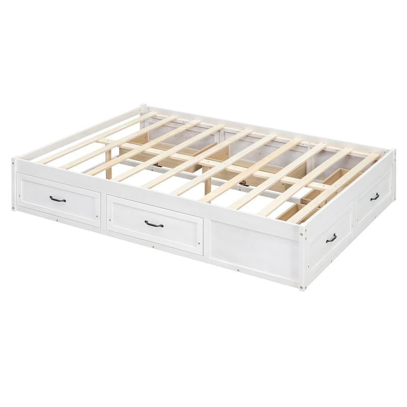 Queen Size Platform Bed Frame with 6 Built-In Storage Drawers, No Headboard, Low Profile Design in Antique