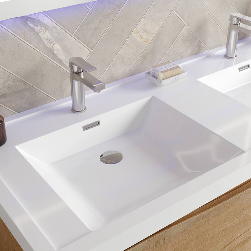 Smile 48 in. Natural Oak Wall Mount Double Sink Bath Vanity with Acrylic Top and Integrated Sinks