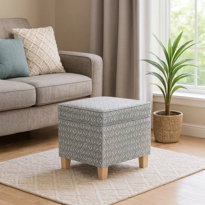 Pyp Square Storage Ottoman, 18 Inch Gray Print Fabric, Brown Wood