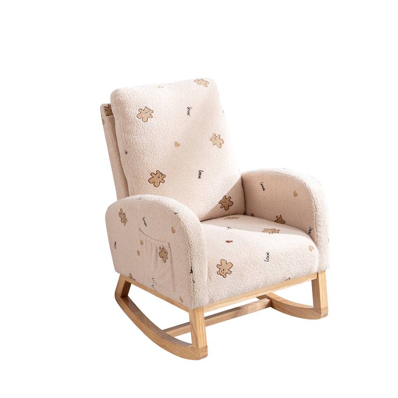 Boucle Rocking Chair with High Back, Side Pocket & Solid Wood Frame