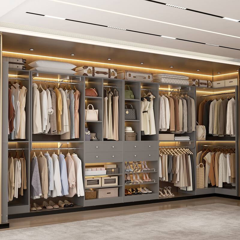 Set of 4 U-Shaped Closet Organizer System with Wood Drawers, Amoire Wardrobe with Shoe Racks - Grey