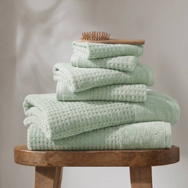 Madison Park Spa Waffle Cotton Waffle Jacquard Antimicrobial Bath Towel 6 Piece Set - Seafoam